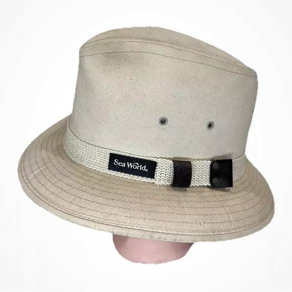 Safari Hat Sea World Canvas off White Size Medium Made In USA Vintage‎ - Picture 1 of 7